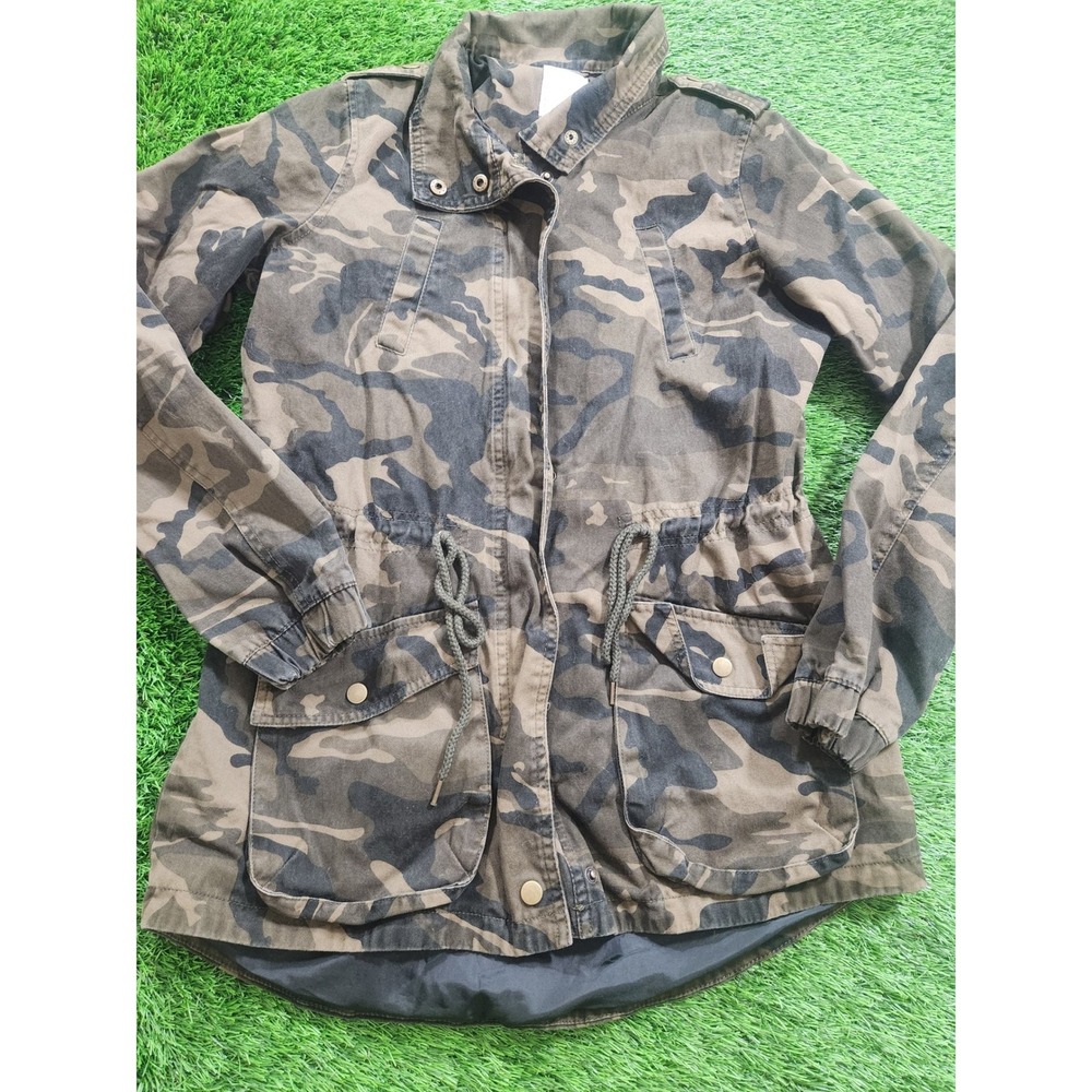 Bongo Anorak Jacket Womens M Green Camo Twill Zip Drawstring Waist Pockets